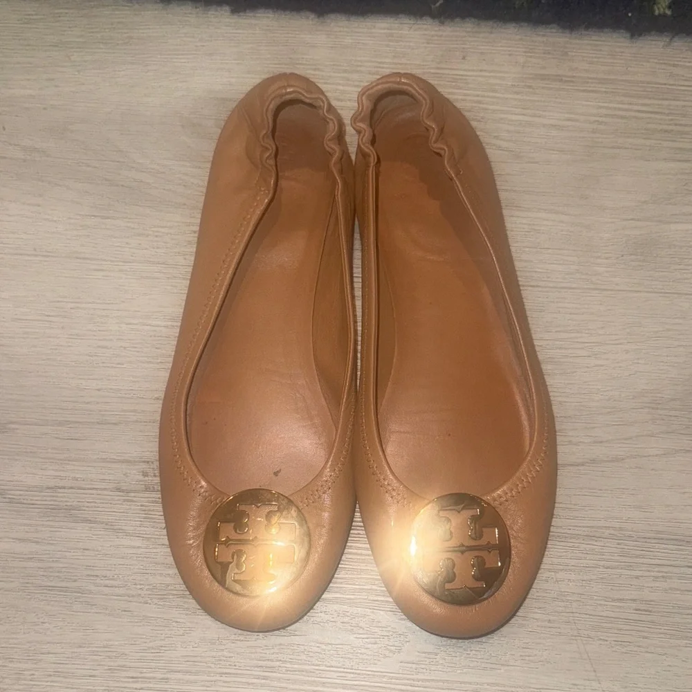 Tory Burch Camel Flats with Gold Logo